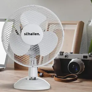 Schallen Small 9" Portable Desk Table Oscillating Cooling Fan with 2 Speed Setting & Quiet Operation in White