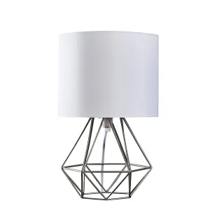 ValueLights Angus Brushed Chrome Metal Basket Cage Bed Side Table Lamp with White Fabric Shade with LED Bulb