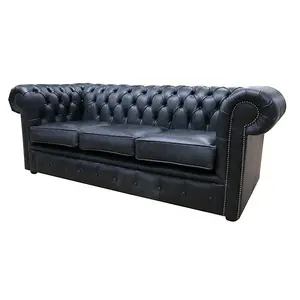 Chesterfield 3 Seater Cracked Wax Jet Black Leather Sofa Settee In Classic Style