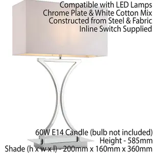 Modern Table Lamp Light Chrome Metal & White Fabric Shade Square Desk Sideboard