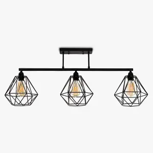 ValueLights Fillatt Industrial 3 Way Satin Black Pipework Ceiling Light with Black Cage Shades