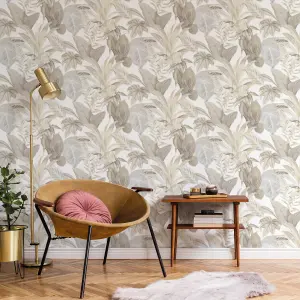 Galerie Botanica Cream Grey Bali Foliage Smooth Wallpaper