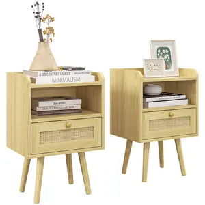 Bedside Tables, Set of 2, Boho Side End Table w/ Drawer, Storage Compartment