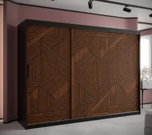 Elegant Marsylia I Sliding Door Wardrobe W2500mm H2000mm D620mm - Black & Dark Walnut, Fully Geometric Design, Ample Storage