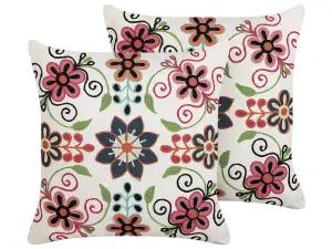 Set of 2 Cushions BAHRAICH Boucle 50 x 50 cm Floral Embroidery White