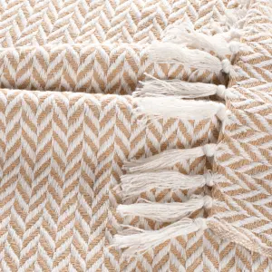 EHC Herringbone Cotton Throw for Double bed Sofa Couch,150 x 200 cm, Beige