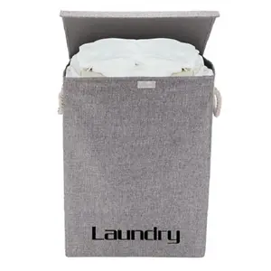 Grey Folding Linen Laundry Hamper Basket Clothes Storage Bin with Lid and Handles