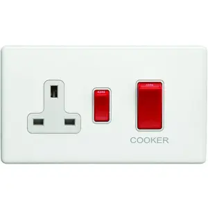 45A DP Oven Cooker Switch & Single 13A Switched Socket SCREWLESS MATT WHITE