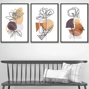 Set of 3 Line Art Flowers on Purple Orange Boho Shapes Wall Art Prints / 42x59cm (A2) / Black Frame