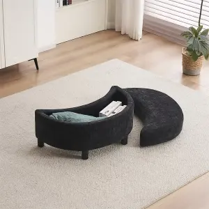 Chenille Swivel Armchair with 3 Back Cushion Pillow Ottoman Crescent Stool, Black 