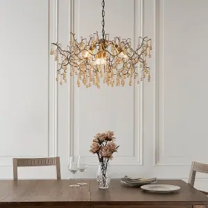 Aged Gold Branch Ceiling Chandelier - Glass Droplets - Decorative Light Fitting