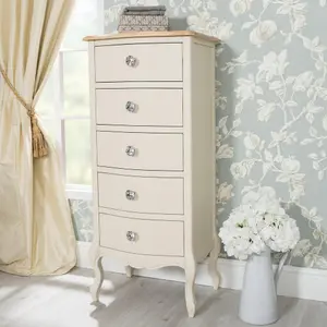 Juliette Champagne Shabby Chic 5 Drawer Tallboy with Crystal Handles