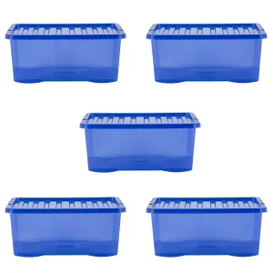 Wham Crystal 5x 45L Plastic Storage Boxes with Lids. Medium Size, Strong . Made in the UK Tint Spectrum Blue