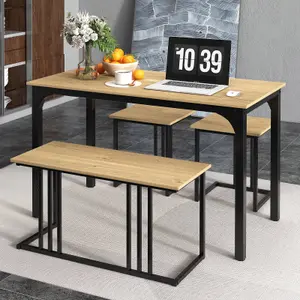 COSTWAY 4-Piece Dining Table Set Industrial Dining Table W/ Bench & 2 Stools