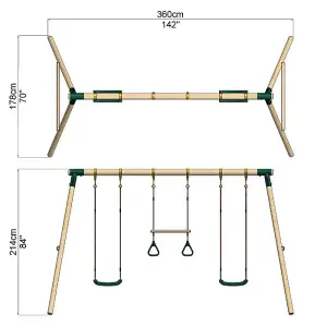 Rebo Wooden Garden Swing Set with 2 Swings and Trapeze Bar - Comet Green