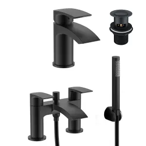 Libra Waterfall Basin Mono Mixer Tap, Bath Shower Mixer Tap & Waste Matte Black