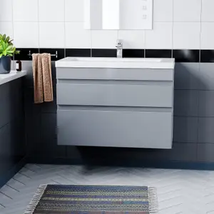 Nes Home 800mm Wall Hung Grey Basin Vanity Cabinet Unit 2 Drawers