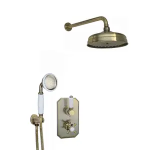 ENKI Regent Antique Brass Traditional Crosshead 2-Outlet Brass Thermostatic Shower Head & Handshower Kit 8"