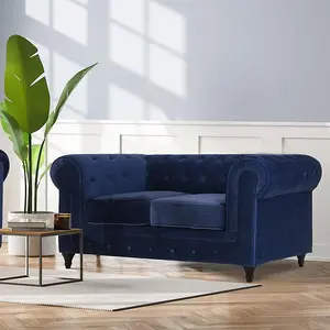 Velvet Chesterfield 2 Seater Sofa - Navy Blue