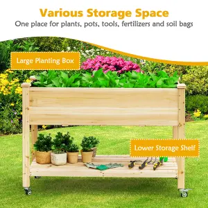 Costway Raised Garden Bed Wood Elevated Planter Bed w/Lockable Wheels Shelf & Liner