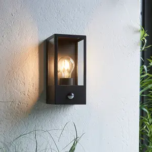 Matt Black Outdoor Wall Light & PIR Sensor - Rectangular Lantern - Clear Glass