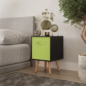 URBNLIVING 50cm Height Green 1-Drawer Cube Black Shelving Unit with Scandinavian Beech Legs