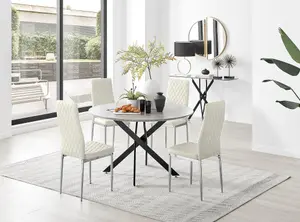 Furniturebox UK Novara Grey Concrete Effect Black Leg 120cm Round Dining Table & 4 Cream Velvet Milan Chairs