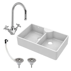 895mm - Double Bowl Fireclay Butler Kitchen Sink - Stepped Weir, Mixer Tap & Wastes