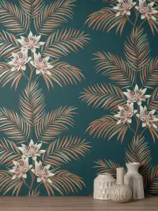 Fine Decor Bali Tropical Floral Teal Peacock Wallpaper FD43280