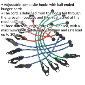 12 PACK Assorted Tarpaulin Cord Set - Ball-Ended Bungee Cords - Detachable Hook