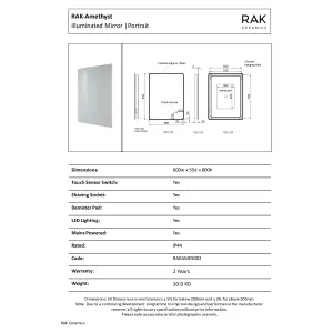 RAK Amethyst 600x800mm Silvery White Square with Touch Sensor Illuminated Mirror IP44