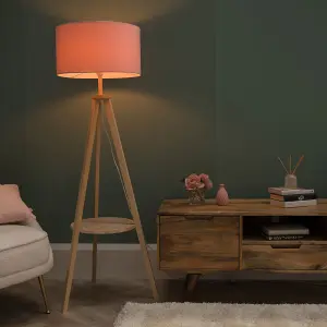 ValueLights Morrigan Light Wood Tripod Design Floor Lamp with Storage Shelf & Pink Drum Shade - Includes 6w LED Bulb 3000K