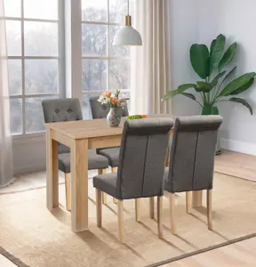 Hallowood Furniture Newquay Oak Fixed Top Table 120cm with 4 Straight Back Grey Fabric Chairs