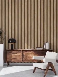 AS Creation Wooden Slats Panelling 3D Wood Panel Stripe Non Woven Wallpaper Natural Black 39109-1