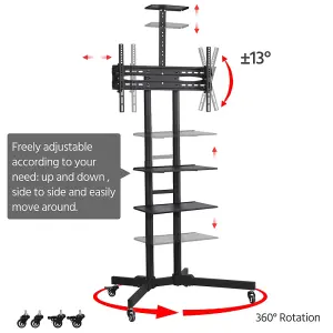 Yaheetech Black Height Adjustable Mobile TV Stand with Lockable Wheels and Storage Shelves