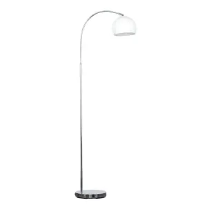 ValueLights Designer Style Chrome Stem Floor Lamp With White Arco Style Metal Dome Light Shade With LED GLS Bulb in Warm White