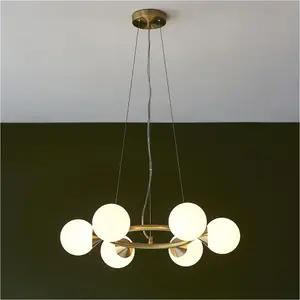 Multi Arm Hanging Ceiling Pendant Light - Satin Brass Plate & Gloss White Glass Shade - 6 x 3W LED G9