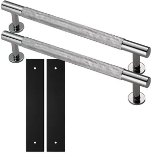 2 PACK - Pull Handle & Contrasting Backplate Set - Knurled Round T Bar - Polished Chrome & Black