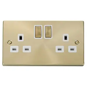 Satin / Brushed Brass 2 Gang 13A DP Ingot Twin Double Switched Plug Socket - White Trim - SE Home