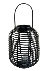 Interiors by Premier Sustainable Small Black Natural Rattan Lantern, Rounded Modern Black Candle Lantern, Versatile Lantern