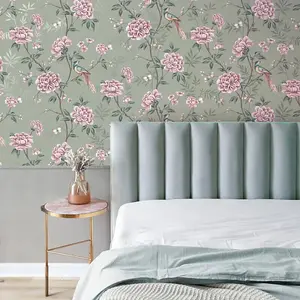 Crown Akina Floral Sage Green Leaf Textured Songbird Wallpaper M1724