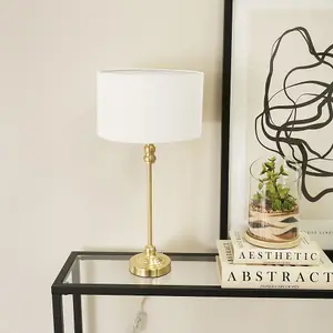 ValueLights Maggie Gold Metal Candlestick Slim Table Lamp with White Fabric Drum Lamp Shade