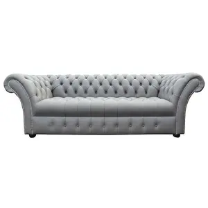 Chesterfield 3 Seater Buttoned Seat Silver Grey Leather Sofa Bespoke In Balmoral Style