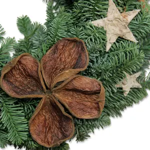 Real Christmas Wreath with Wooden Stars and Dried Flowers - 30cm/12" - Noble Fir Wreath For Indoor/Outdoor Christmas Decoration