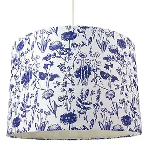 White Cotton 12 Drum Lamp Shade with Blue Floral Decoration and Inner Lining