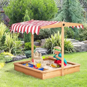 Outsunny Kids Wooden Sandbox Sand Pit Height Adjustable with Canopy Basins