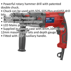 750W SDS Plus Rotary Hammer Drill - Variable Speed Control - Double Chuck