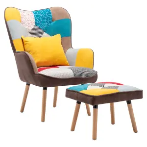 Colorful Wing Back Armchair and Footstool Set,Patchwork Linen Upholstered Accent Chair Sofa Chair with Ottoman and Pillow