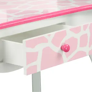 Teamson Kids Dressing Table, Play Vanity Set with Mirror & Stool - Pink/White/Giraffe Print