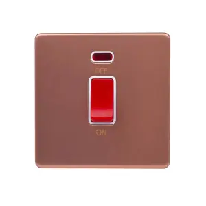 Brushed Copper Screwless Plate 45A 1 Gang Double Pole Switch, Single Plate - White Trim - SE Home